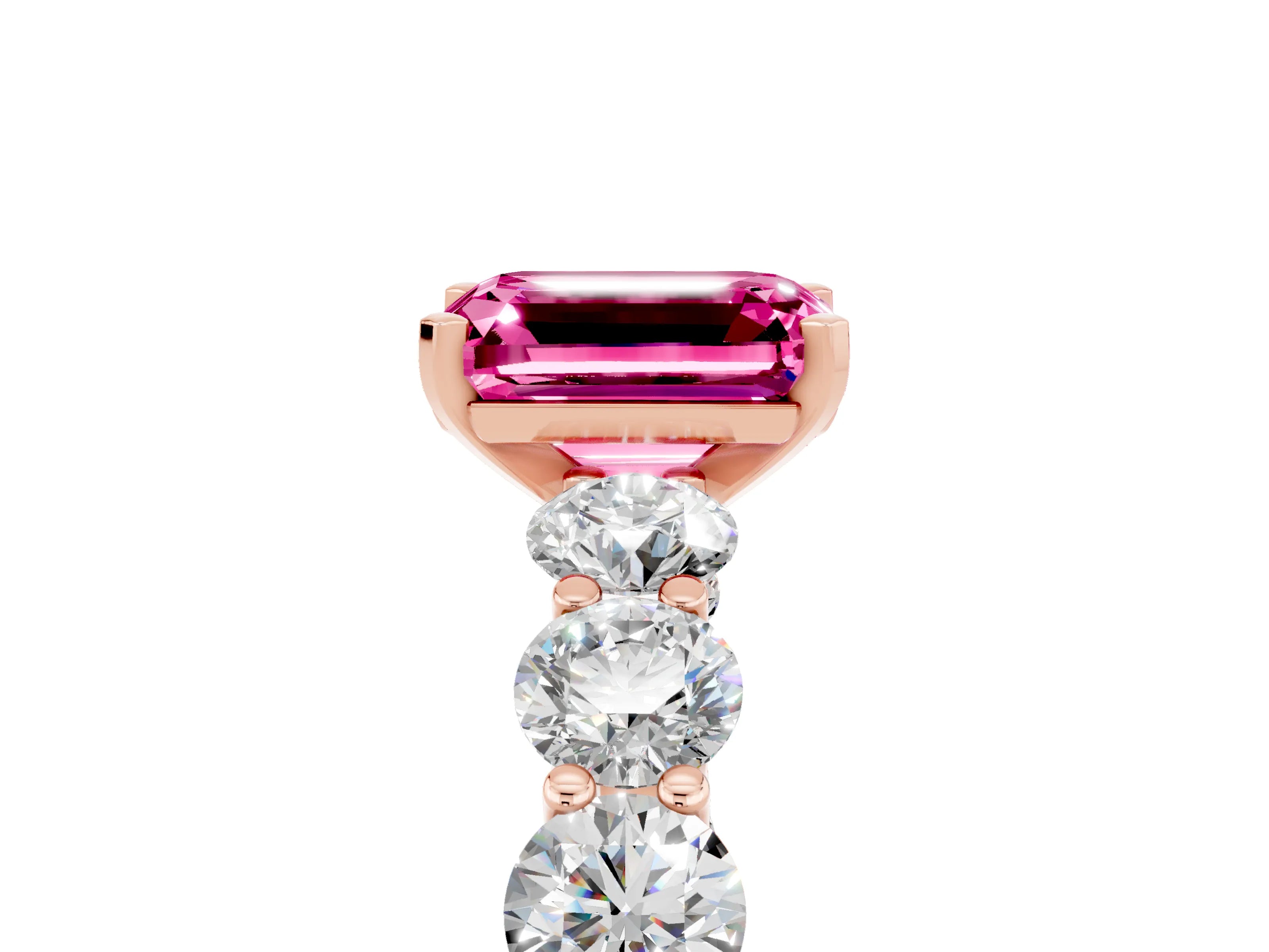 Rose gold Emerald Cut Pink Sapphire Prong Setting with Side Stones on a Pave Band_29