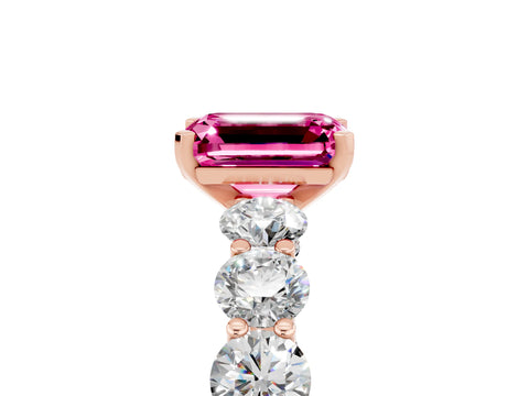 Rose gold Emerald Cut Pink Sapphire Prong Setting with Side Stones on a Pave Band_29