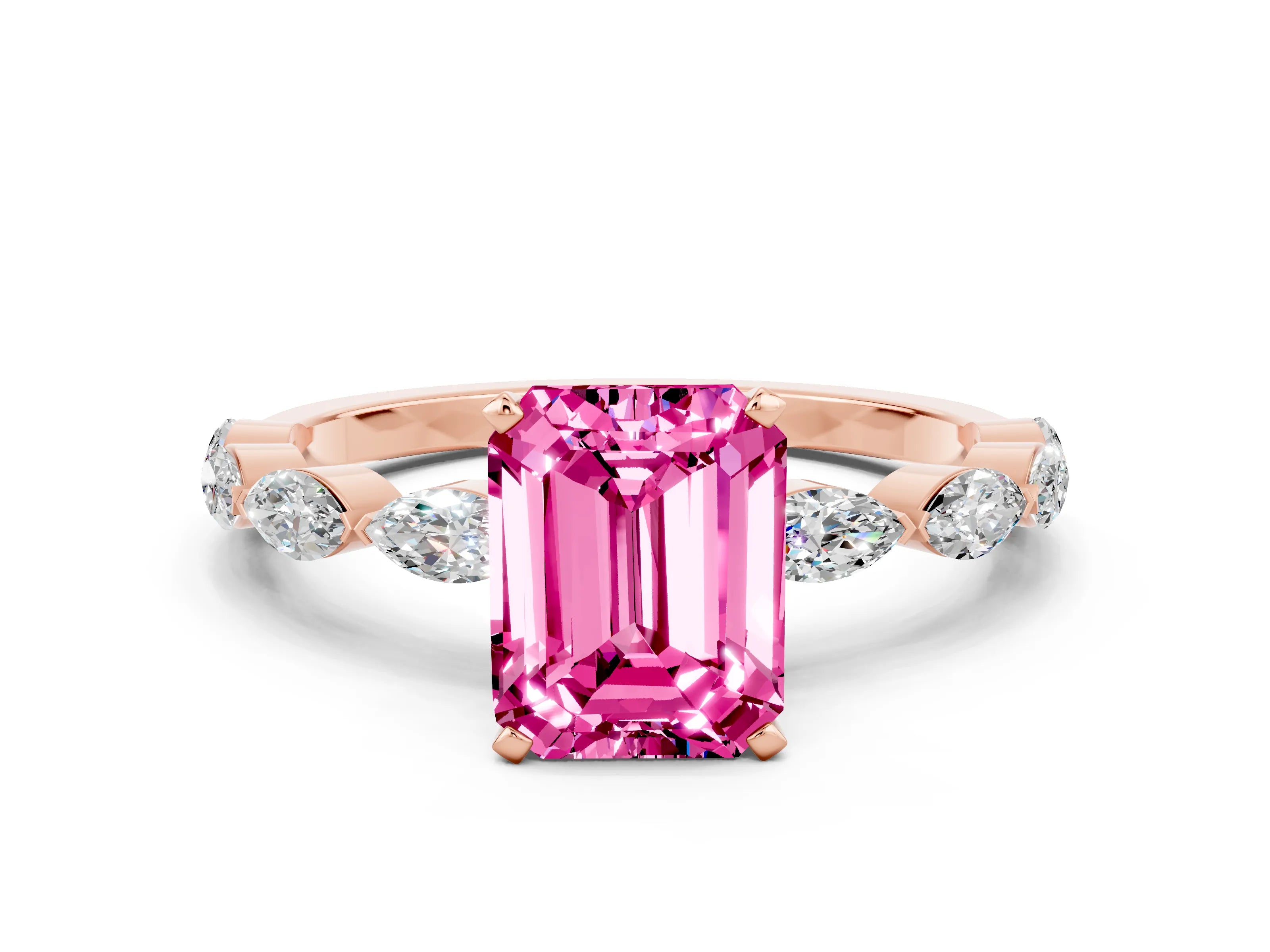 Rose gold Emerald Cut Pink Sapphire Ring with Marquise Side Stones and Prong Setting_12