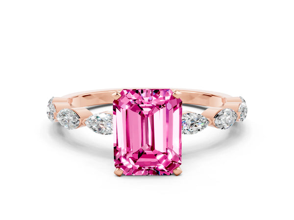 Rose gold Emerald Cut Pink Sapphire Ring with Marquise Side Stones and Prong Setting