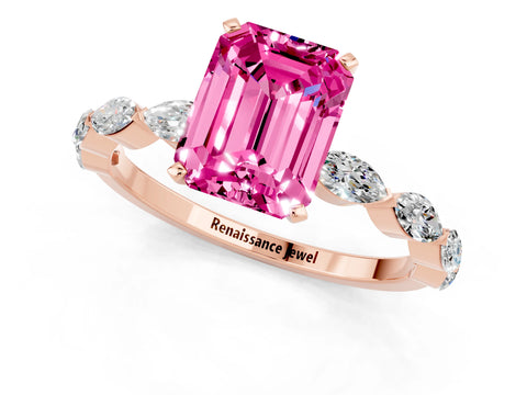 Rose gold Emerald Cut Pink Sapphire Ring with Marquise Side Stones and Prong Setting_13