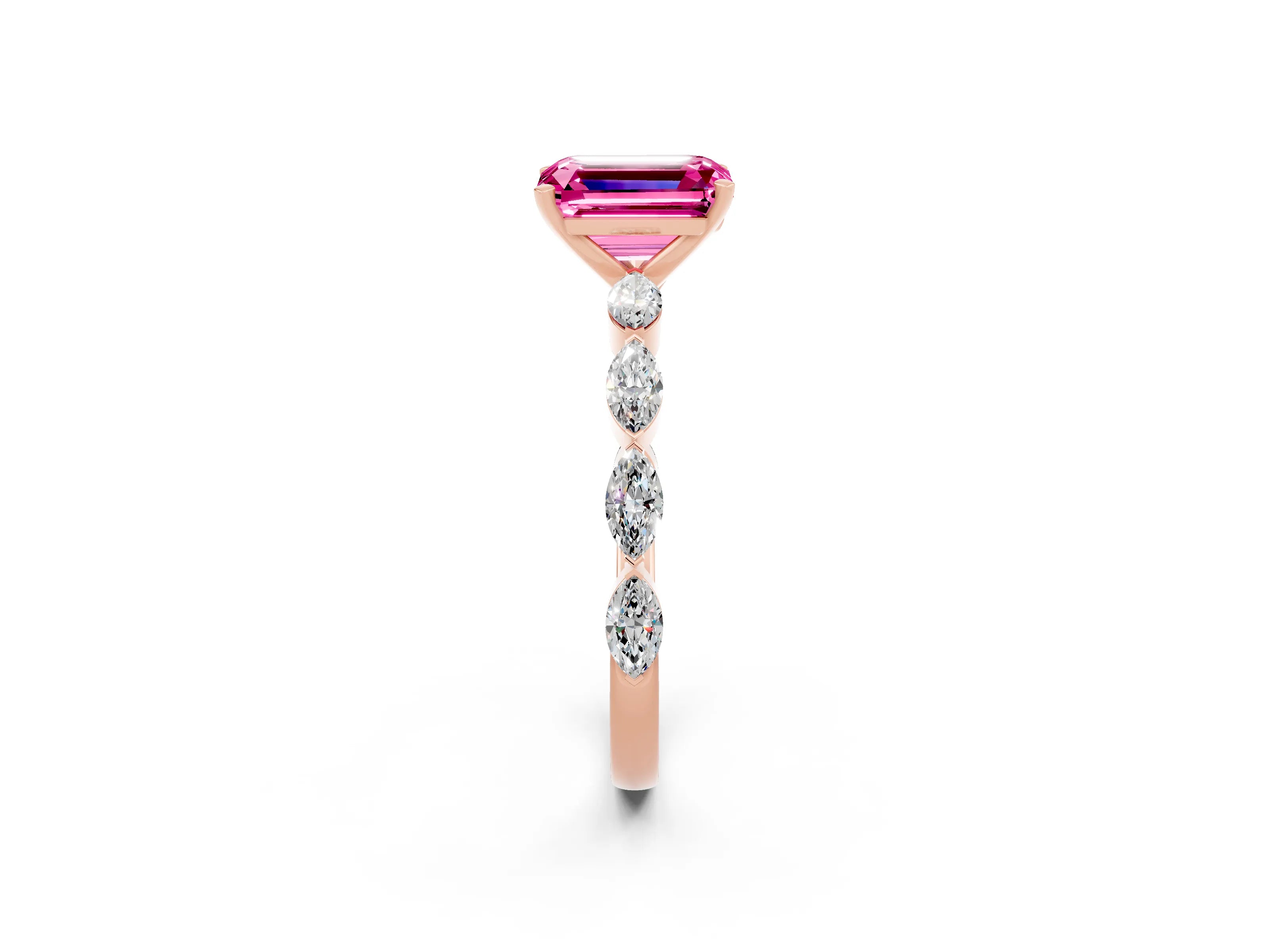 Rose gold Emerald Cut Pink Sapphire Ring with Marquise Side Stones and Prong Setting_14