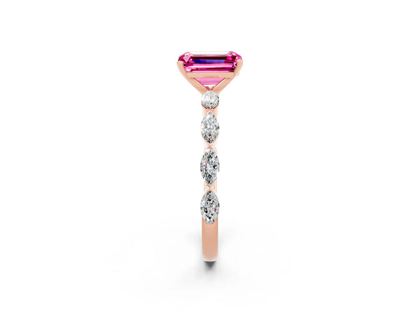 Rose gold Emerald Cut Pink Sapphire Ring with Marquise Side Stones and Prong Setting
