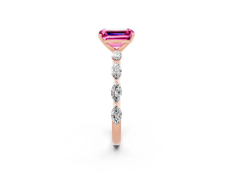 Rose gold Emerald Cut Pink Sapphire Ring with Marquise Side Stones and Prong Setting_14