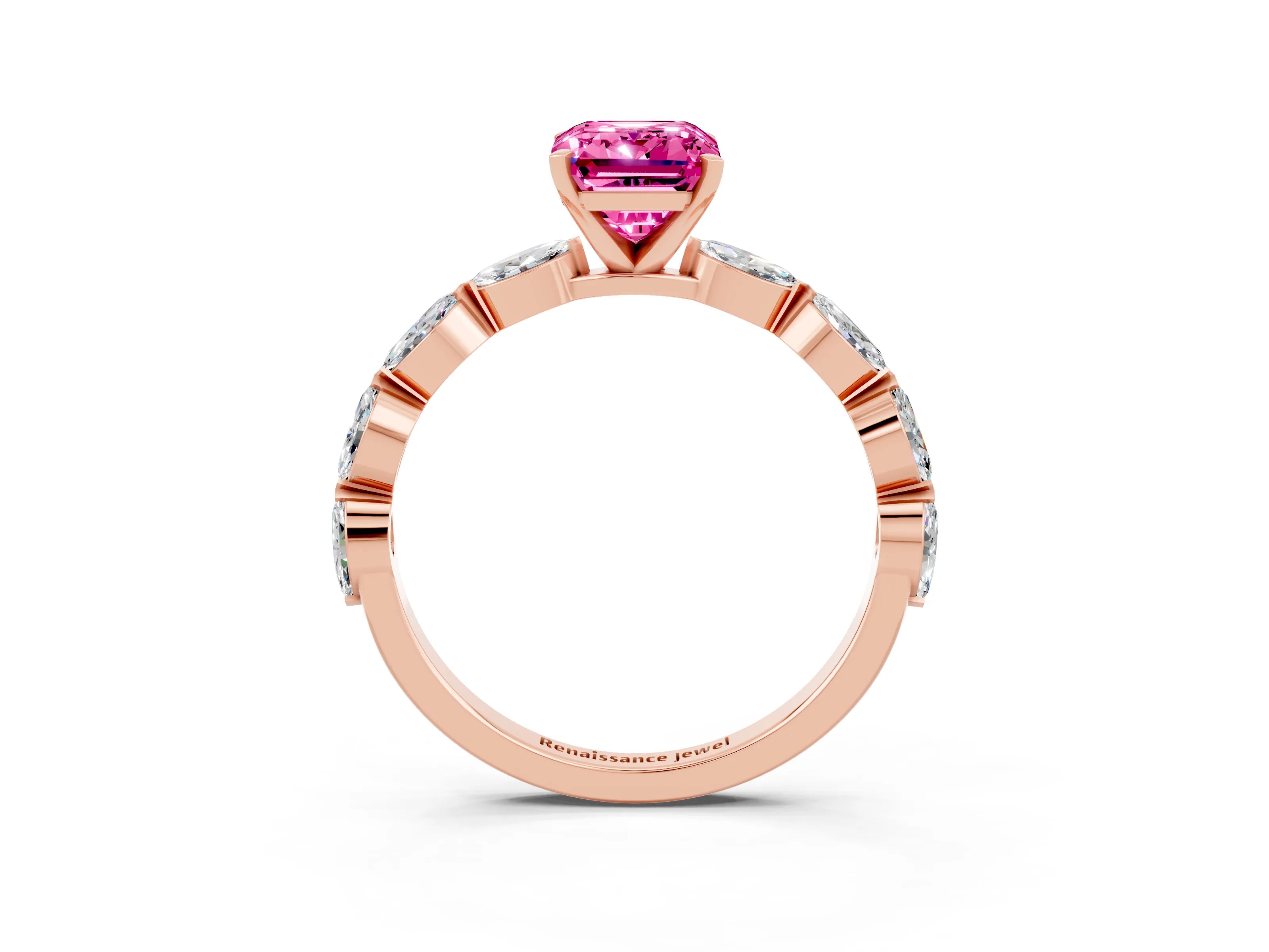 Rose gold Emerald Cut Pink Sapphire Ring with Marquise Side Stones and Prong Setting_15