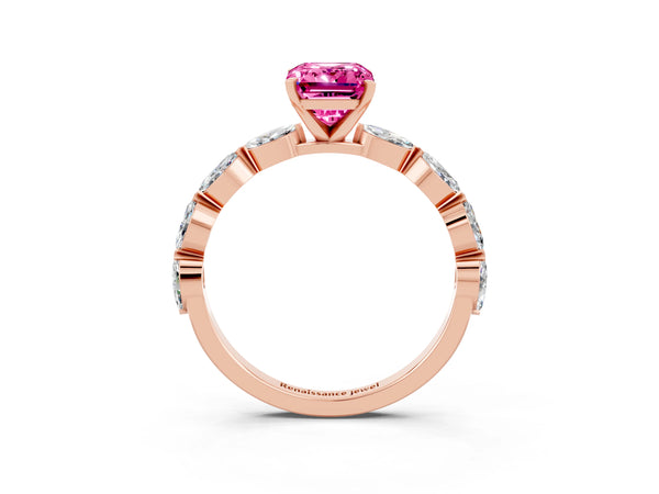 Rose gold Emerald Cut Pink Sapphire Ring with Marquise Side Stones and Prong Setting