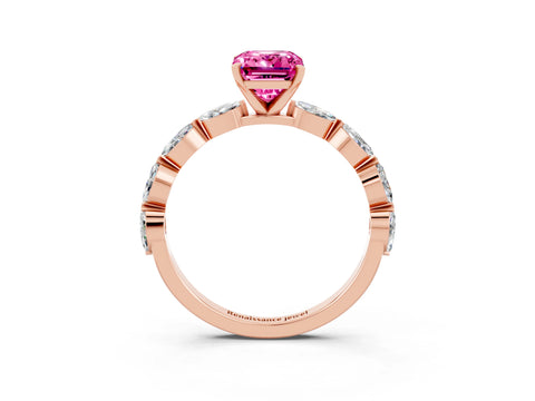 Rose gold Emerald Cut Pink Sapphire Ring with Marquise Side Stones and Prong Setting_15