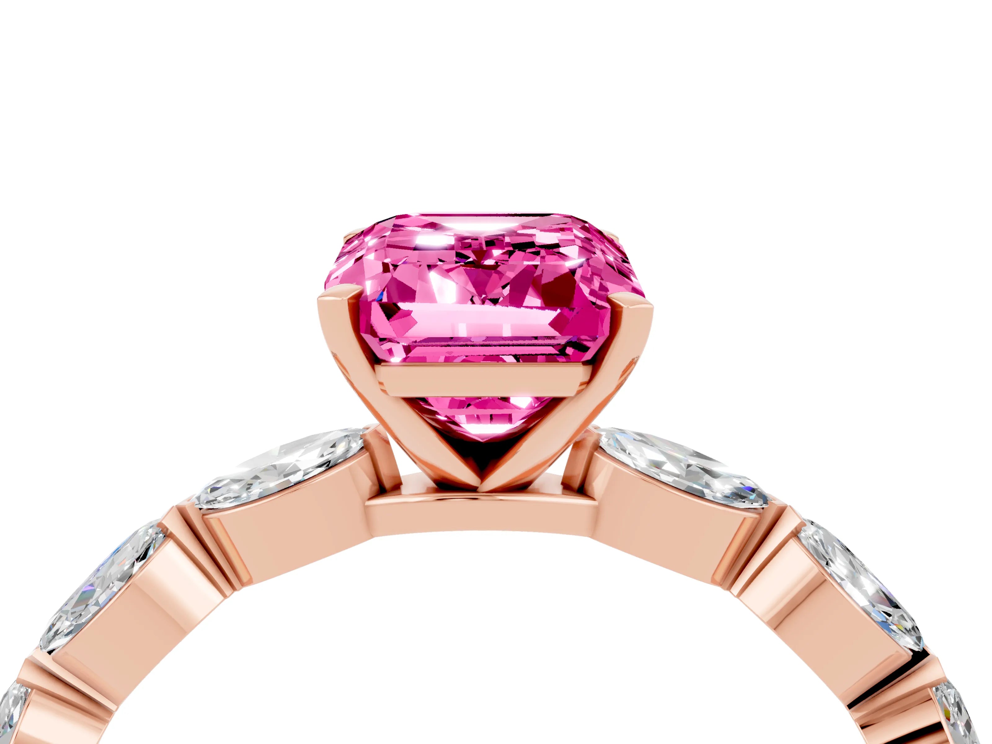 Rose gold Emerald Cut Pink Sapphire Ring with Marquise Side Stones and Prong Setting_16