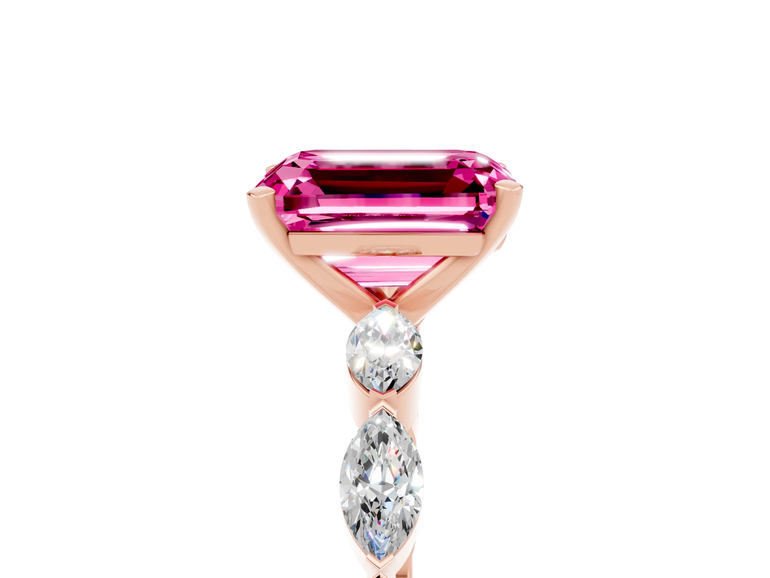Rose gold Emerald Cut Pink Sapphire Ring with Marquise Side Stones and Prong Setting_17