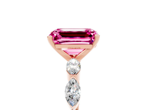 Rose gold Emerald Cut Pink Sapphire Ring with Marquise Side Stones and Prong Setting_17