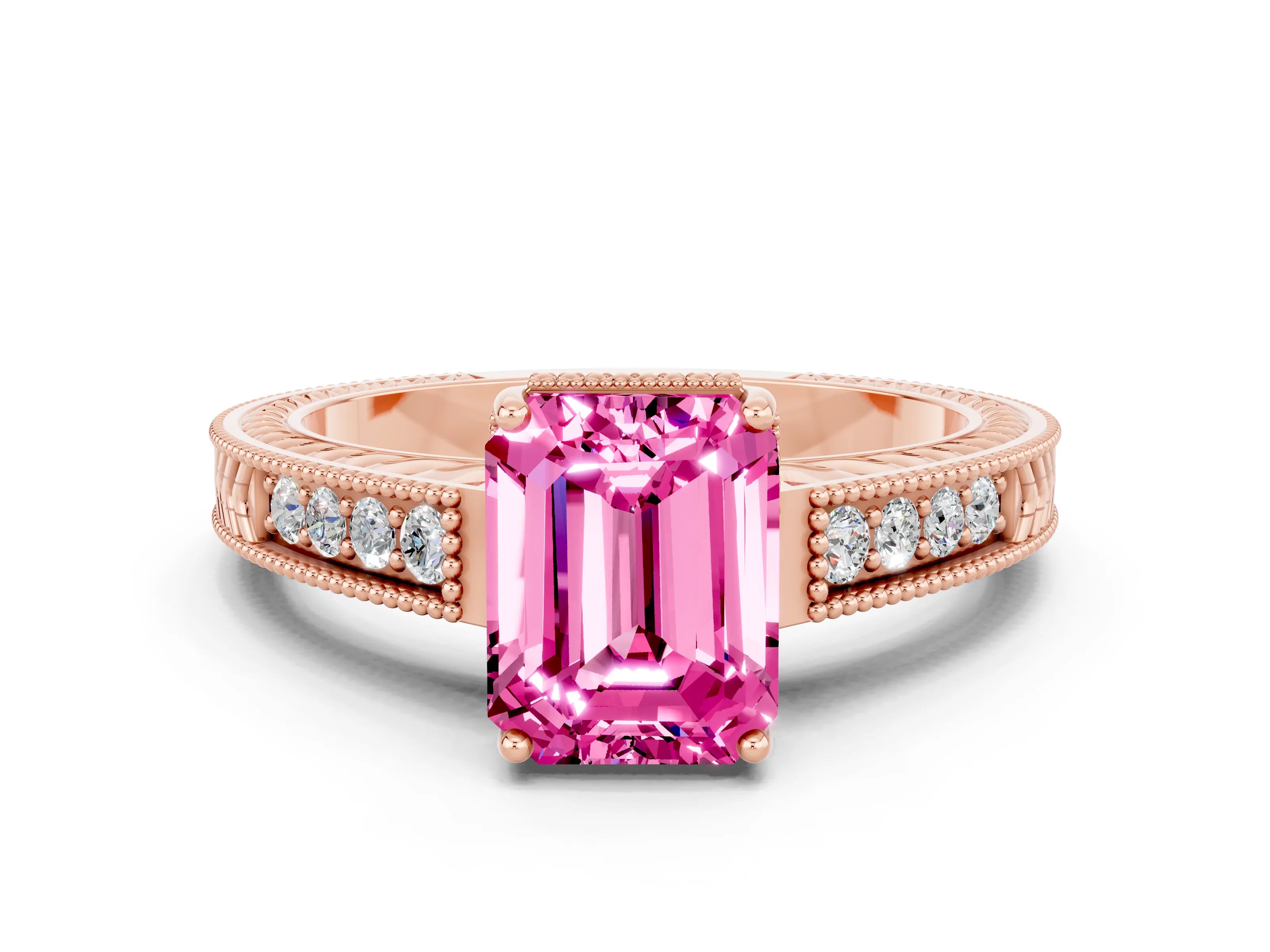 Rose gold Emerald Cut Pink Sapphire Ring with Milgrain Pavé Band and Four-Prong Setting_36