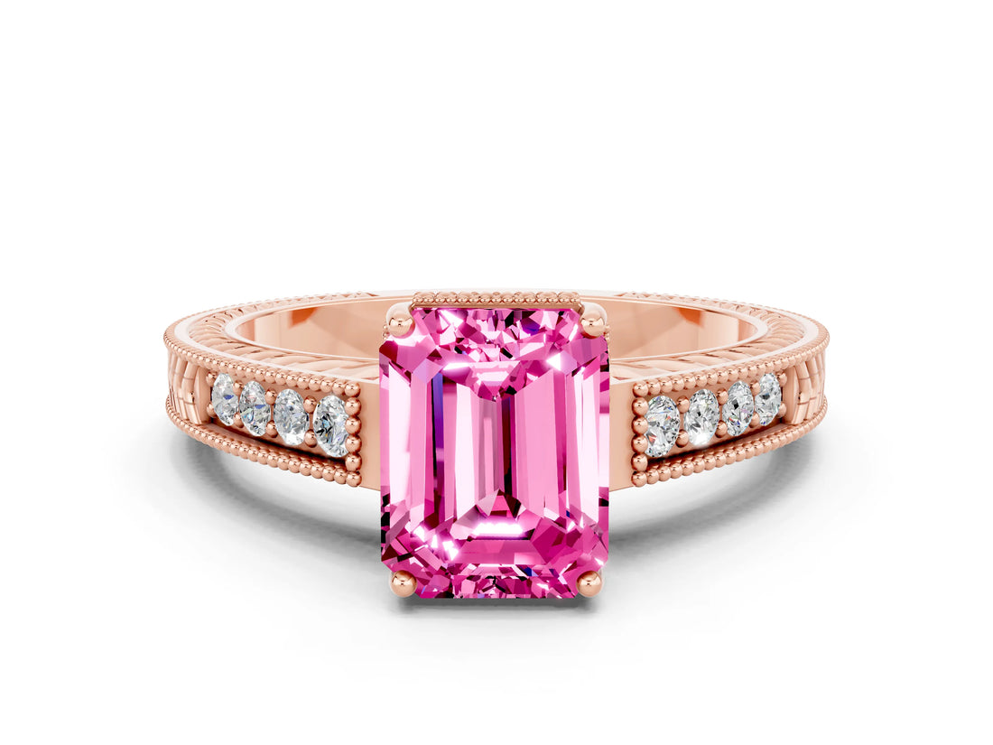 Rose gold Emerald Cut Pink Sapphire Ring with Milgrain Pavé Band and Four-Prong Setting_36