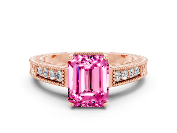 Rose gold Emerald Cut Pink Sapphire Ring with Milgrain Pavé Band and Four-Prong Setting