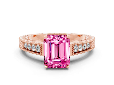 Rose gold Emerald Cut Pink Sapphire Ring with Milgrain Pavé Band and Four-Prong Setting_36
