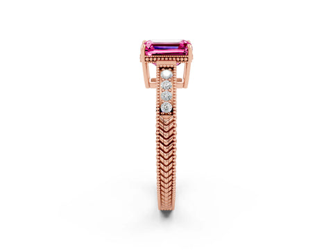 Rose gold Emerald Cut Pink Sapphire Ring with Milgrain Pavé Band and Four-Prong Setting_38