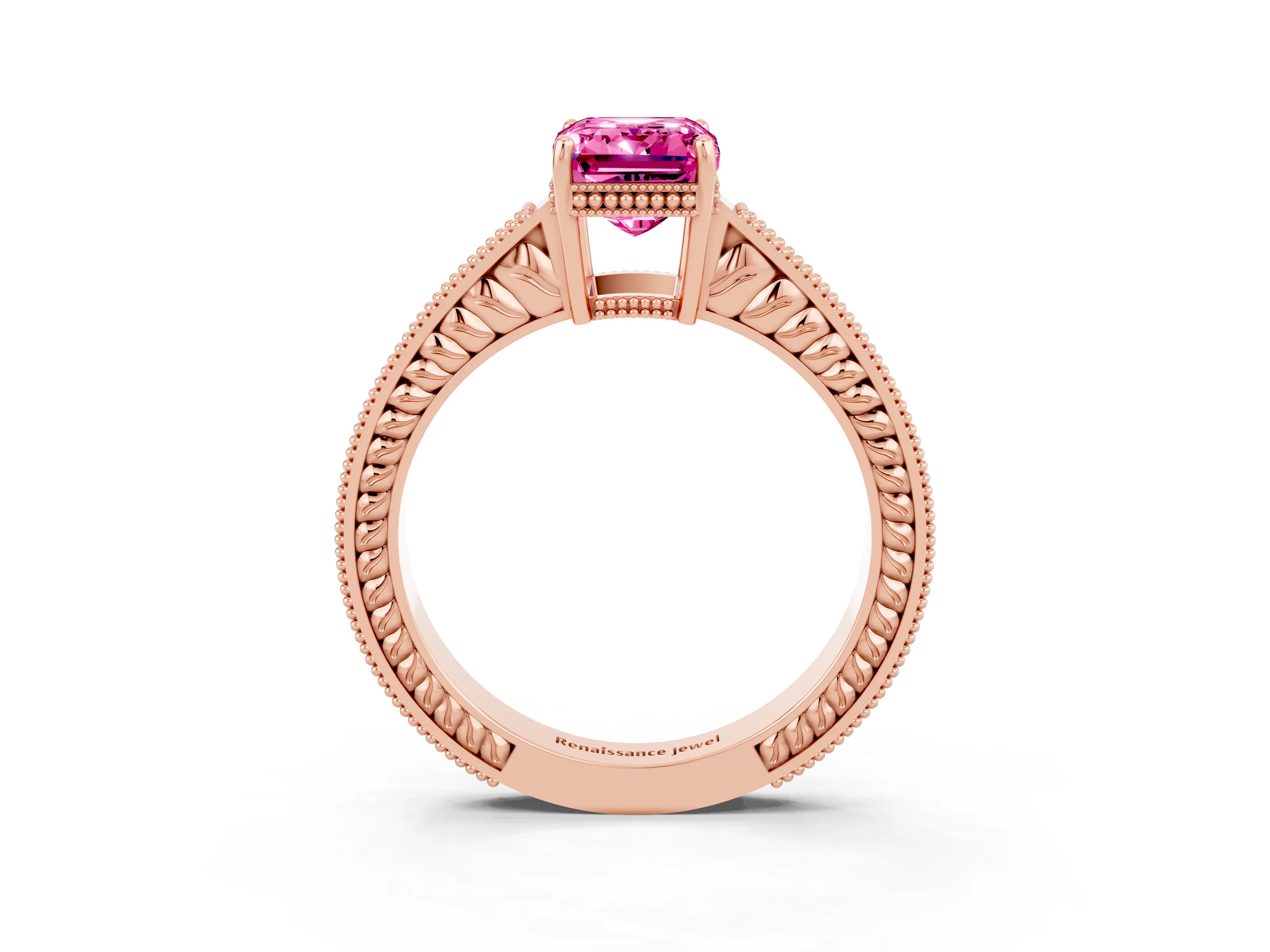 Rose gold Emerald Cut Pink Sapphire Ring with Milgrain Pavé Band and Four-Prong Setting_39