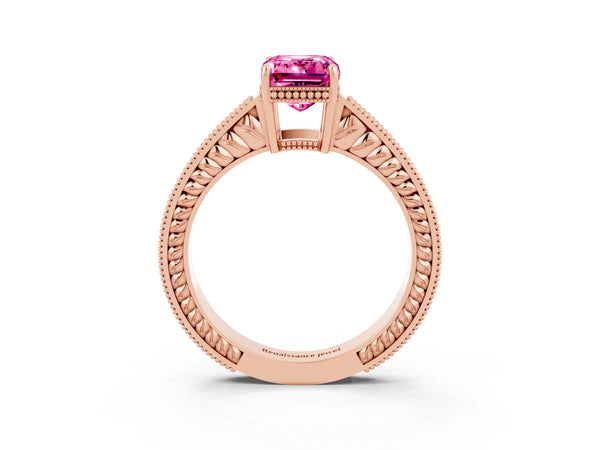 Rose gold Emerald Cut Pink Sapphire Ring with Milgrain Pavé Band and Four-Prong Setting