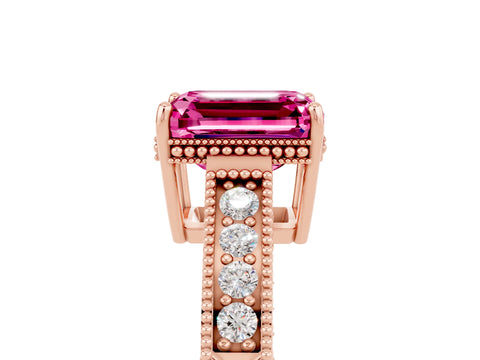 Rose gold Emerald Cut Pink Sapphire Ring with Milgrain Pavé Band and Four-Prong Setting_41