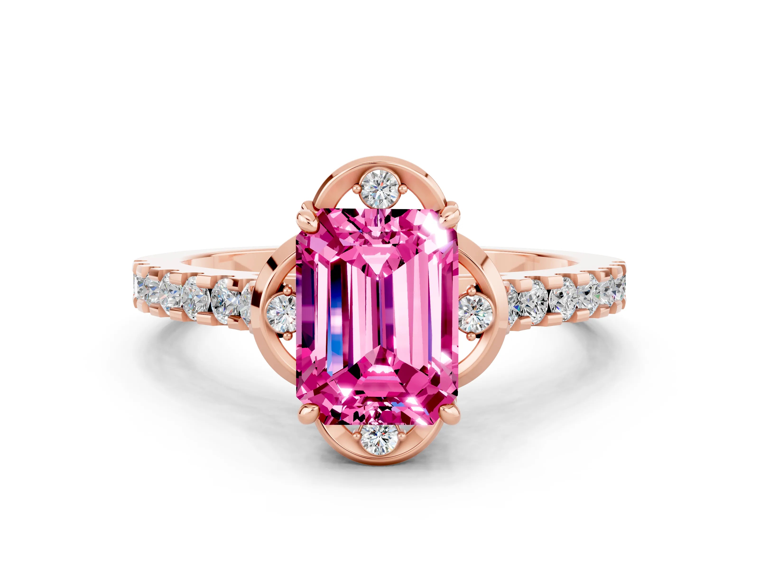 Rose gold Emerald Cut Pink Sapphire Ring with Pavé Band and Floral Prong Setting