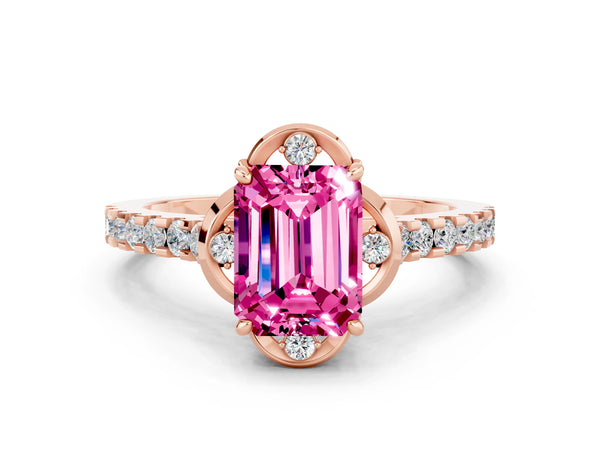 Rose gold Emerald Cut Pink Sapphire Ring with Pavé Band and Floral Prong Setting