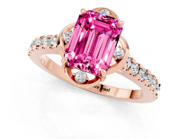 Rose gold Emerald Cut Pink Sapphire Ring with Pavé Band and Floral Prong Setting