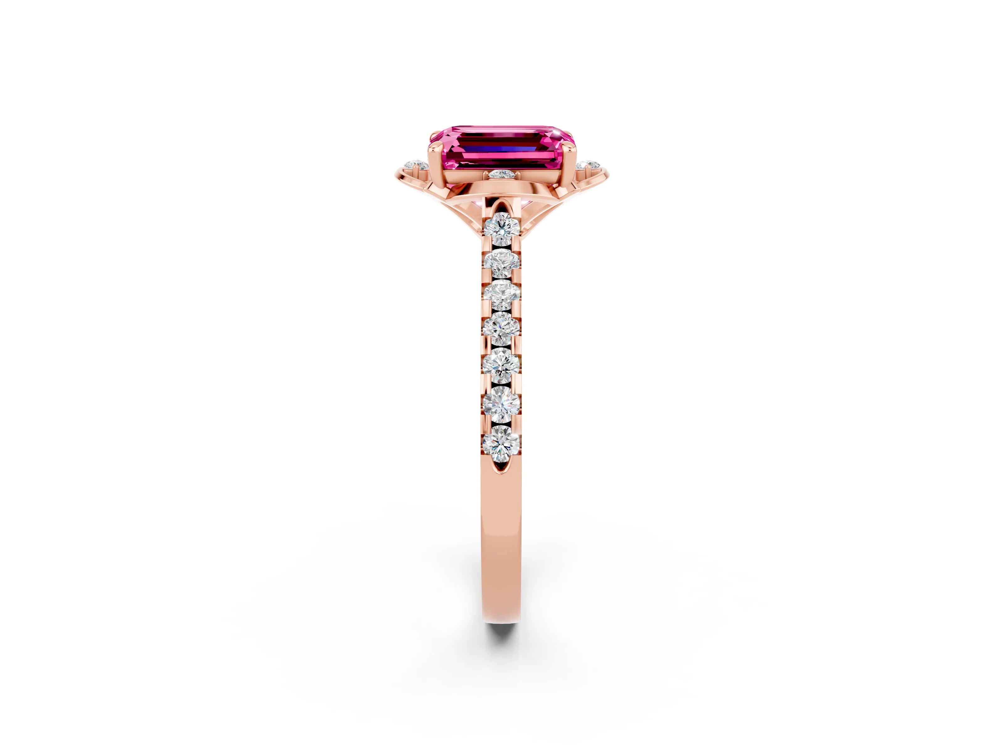 Rose gold Emerald Cut Pink Sapphire Ring with Pavé Band and Floral Prong Setting_2