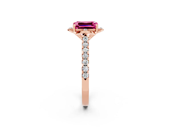 Rose gold Emerald Cut Pink Sapphire Ring with Pavé Band and Floral Prong Setting