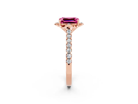 Rose gold Emerald Cut Pink Sapphire Ring with Pavé Band and Floral Prong Setting_2