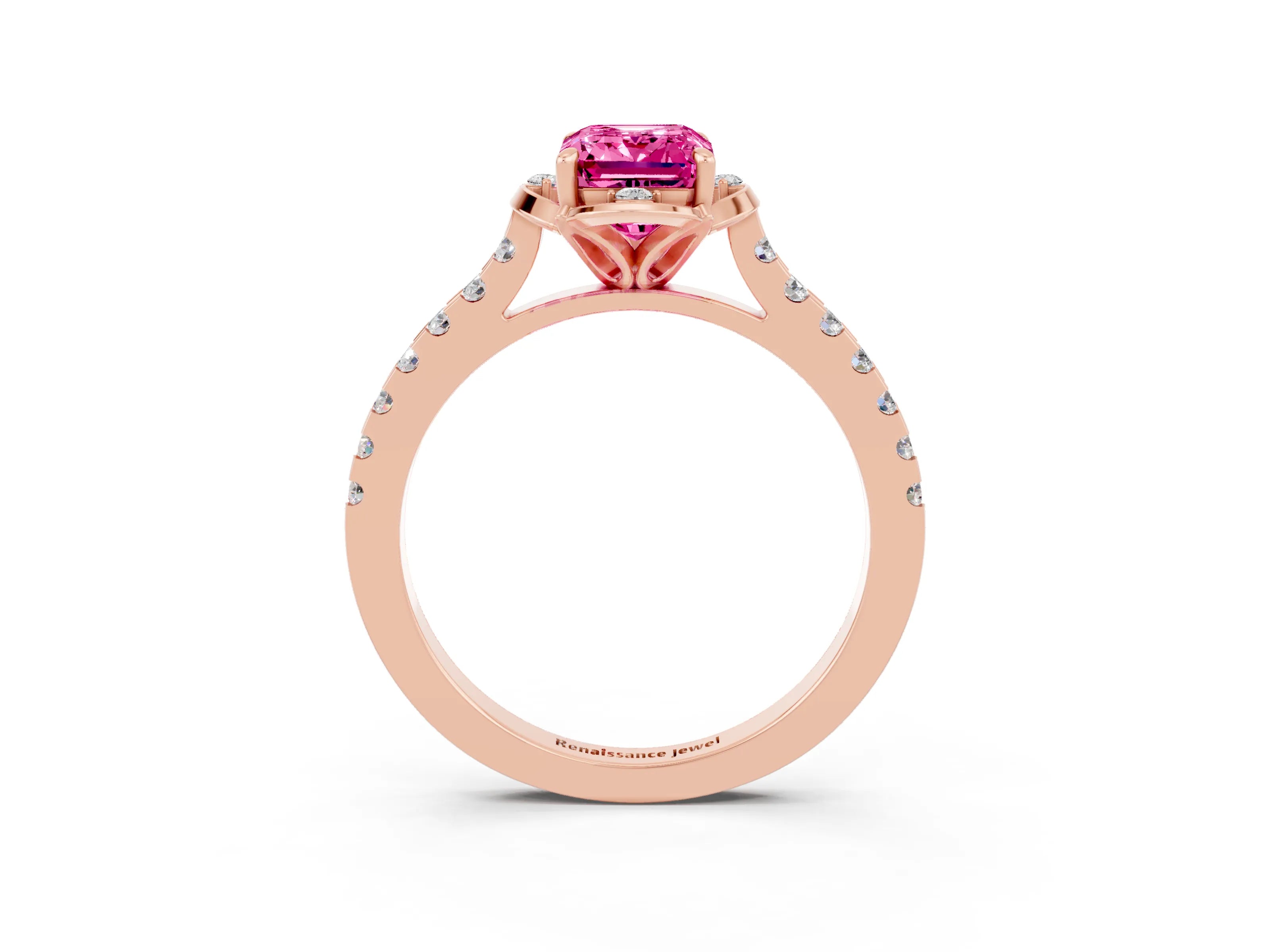 Rose gold Emerald Cut Pink Sapphire Ring with Pavé Band and Floral Prong Setting_3