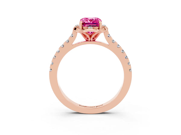 Rose gold Emerald Cut Pink Sapphire Ring with Pavé Band and Floral Prong Setting