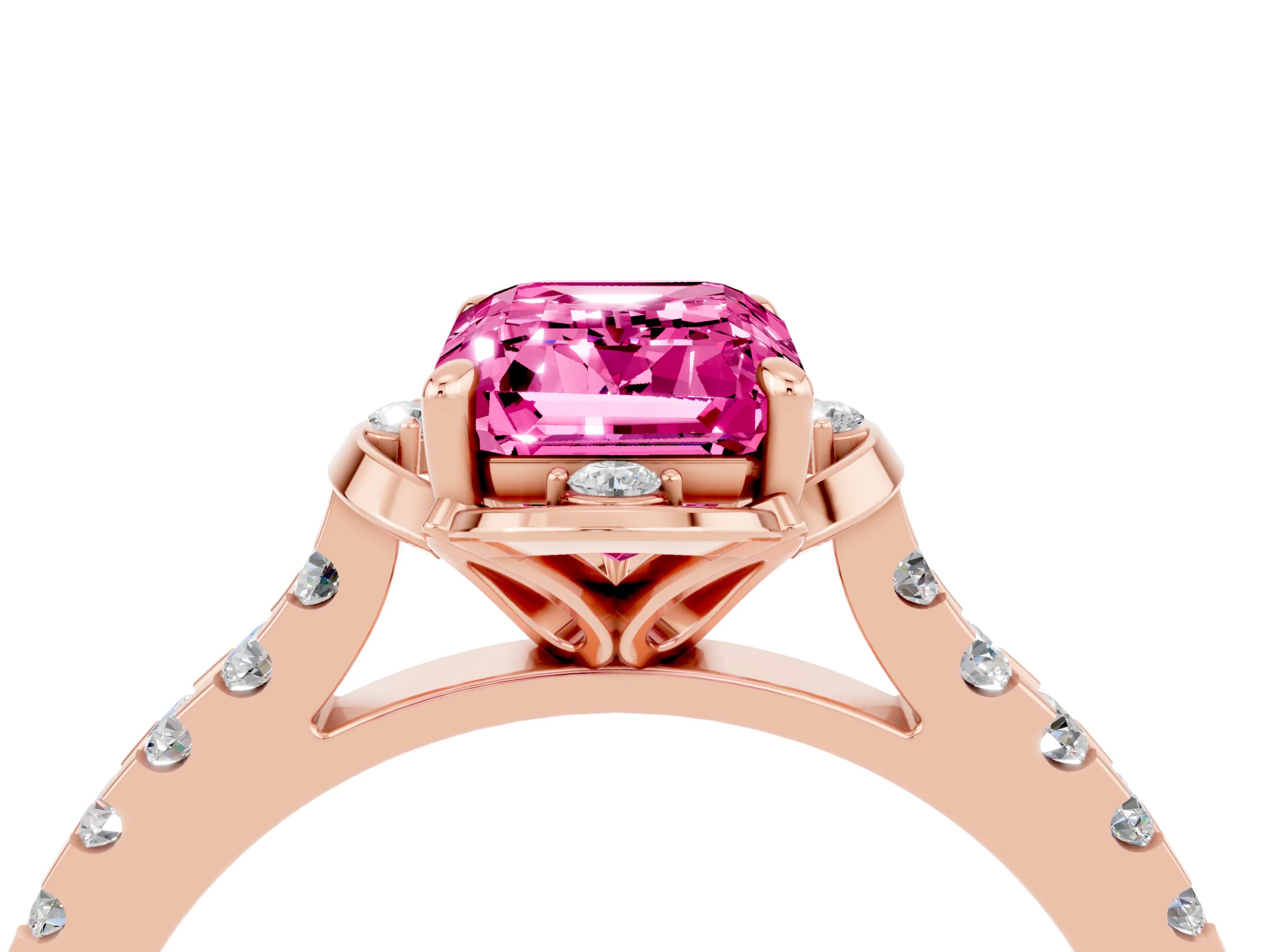 Rose gold Emerald Cut Pink Sapphire Ring with Pavé Band and Floral Prong Setting_4