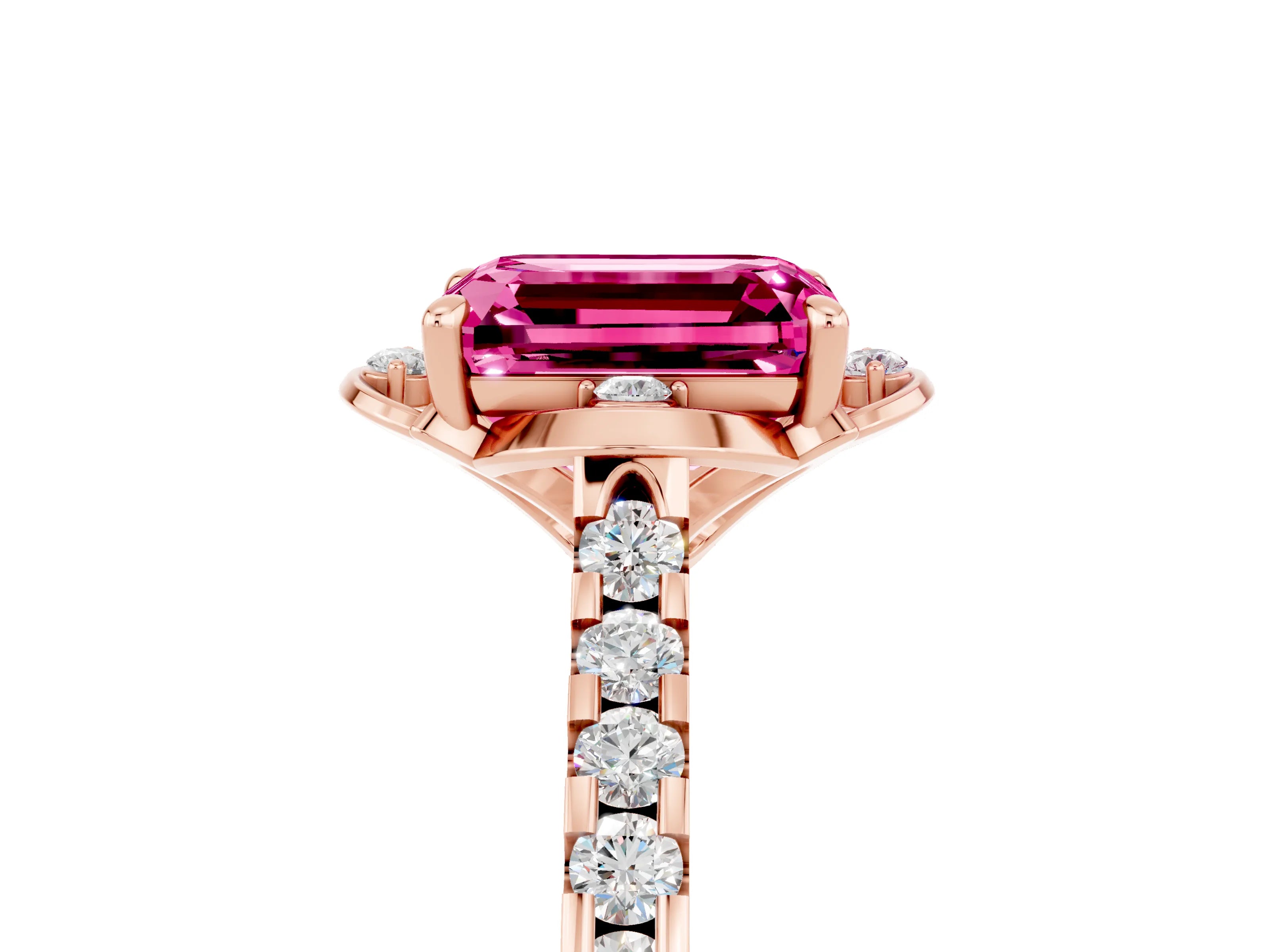 Rose gold Emerald Cut Pink Sapphire Ring with Pavé Band and Floral Prong Setting_5