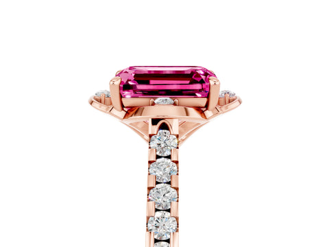 Rose gold Emerald Cut Pink Sapphire Ring with Pavé Band and Floral Prong Setting_5