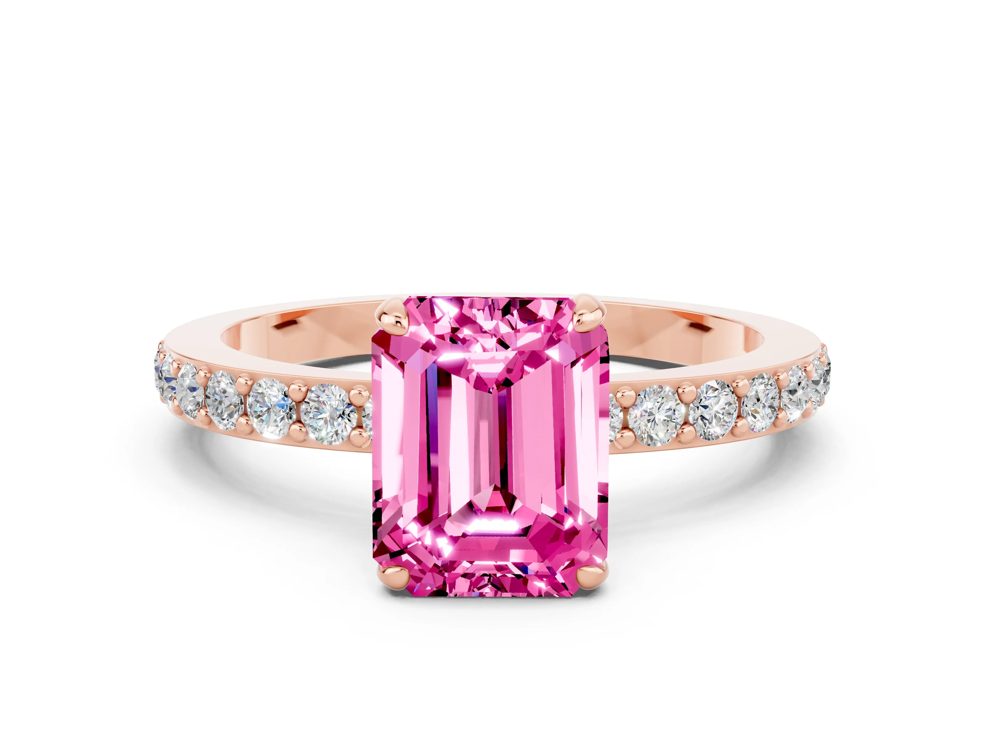 Rose gold Emerald Cut Pink Sapphire Ring with Pavé Band and Four-Prong Setting_24