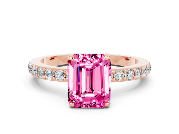 Rose gold Emerald Cut Pink Sapphire Pavé Engagement Ring with Round  Accents and Prong Setting