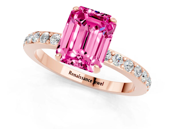 Rose gold Emerald Cut Pink Sapphire Pavé Engagement Ring with Round  Accents and Prong Setting