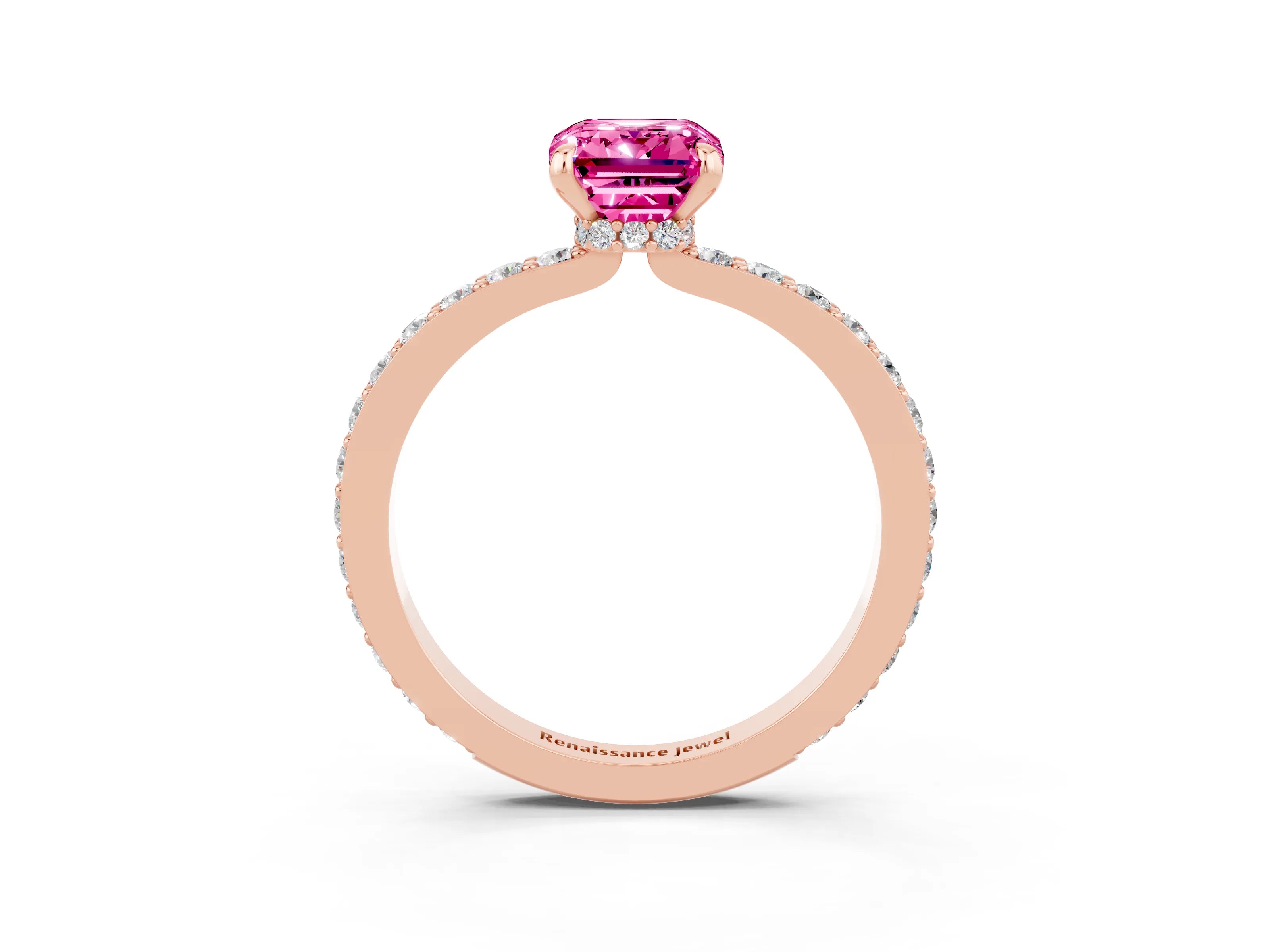Rose gold Emerald Cut Pink Sapphire Ring with Pavé Band and Four-Prong Setting_27