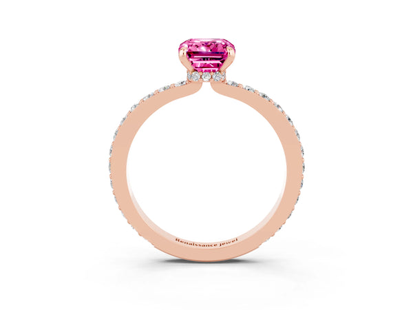 Rose gold Emerald Cut Pink Sapphire Pavé Engagement Ring with Round  Accents and Prong Setting
