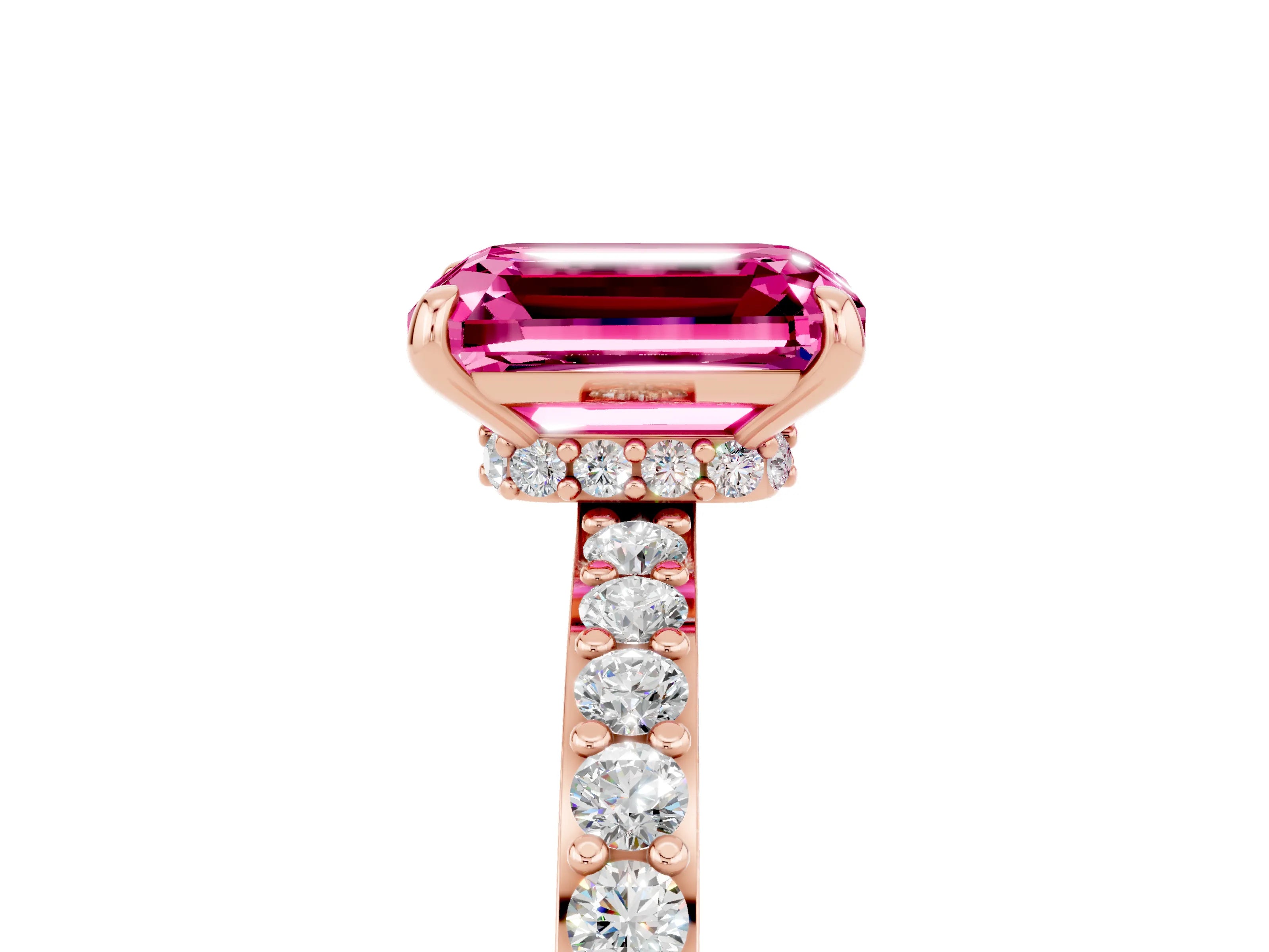 Rose gold Emerald Cut Pink Sapphire Ring with Pavé Band and Four-Prong Setting_29
