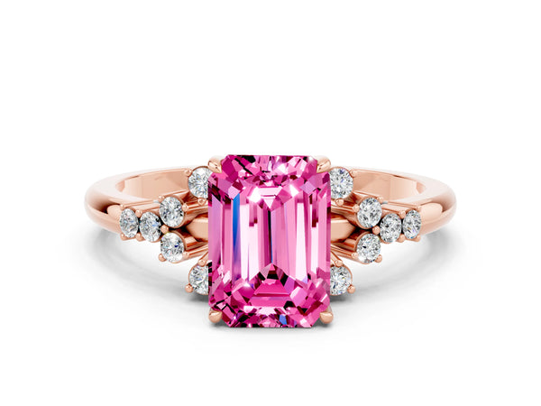 Rose gold Emerald Cut Pink Sapphire Ring with Side Stones and Four-Prong Setting