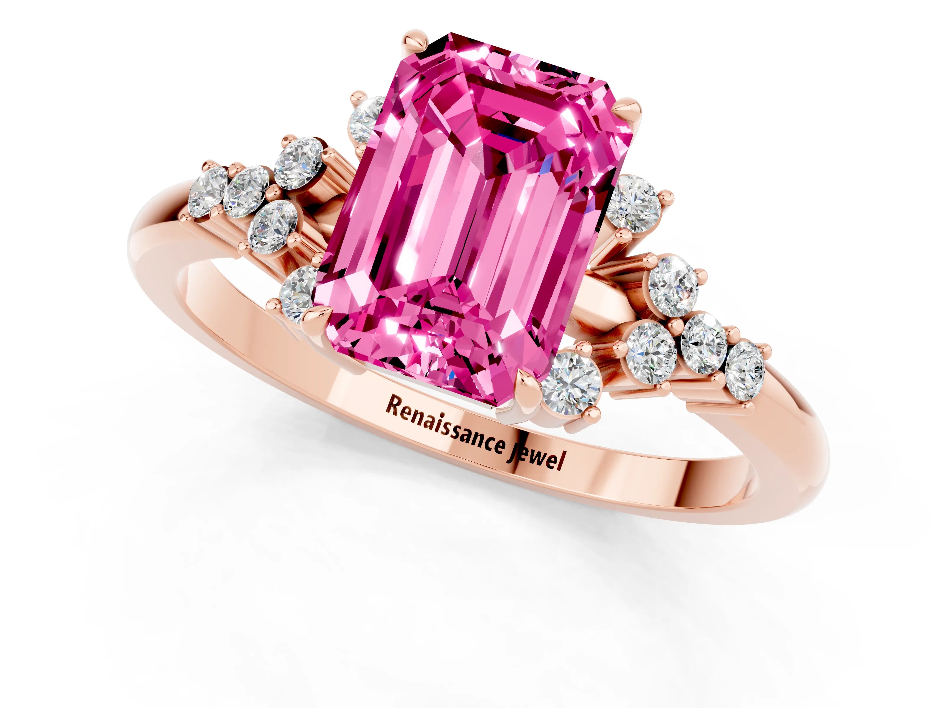 Rose gold Emerald Cut Pink Sapphire Ring with Side Stones and Four-Prong Setting_61
