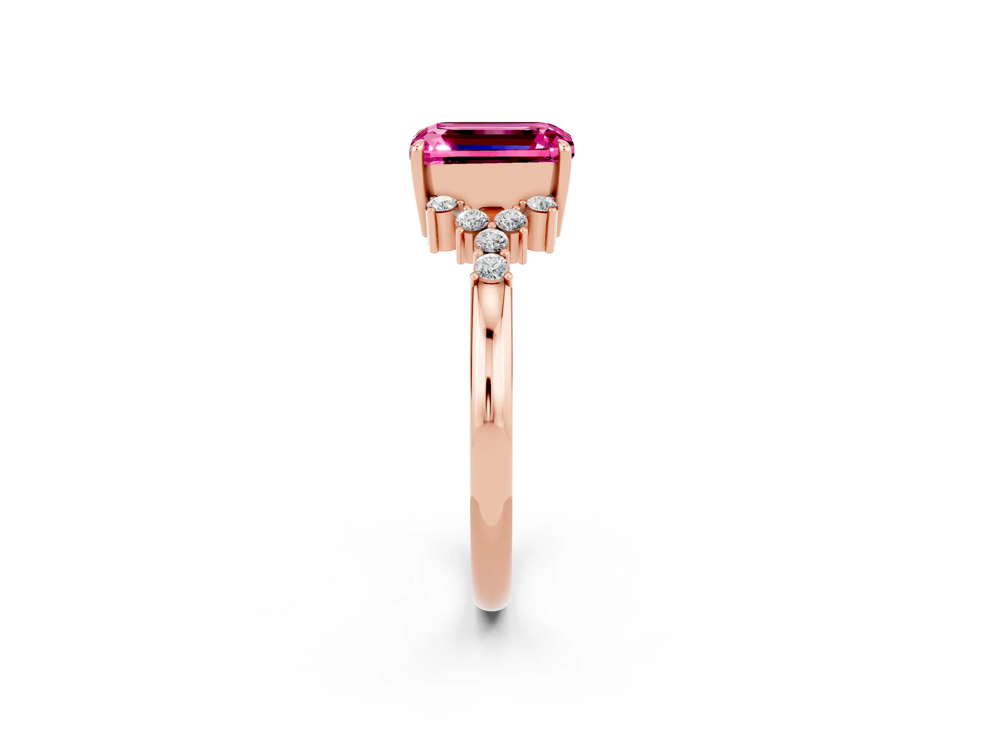 Rose gold Emerald Cut Pink Sapphire Ring with Side Stones and Four-Prong Setting_62