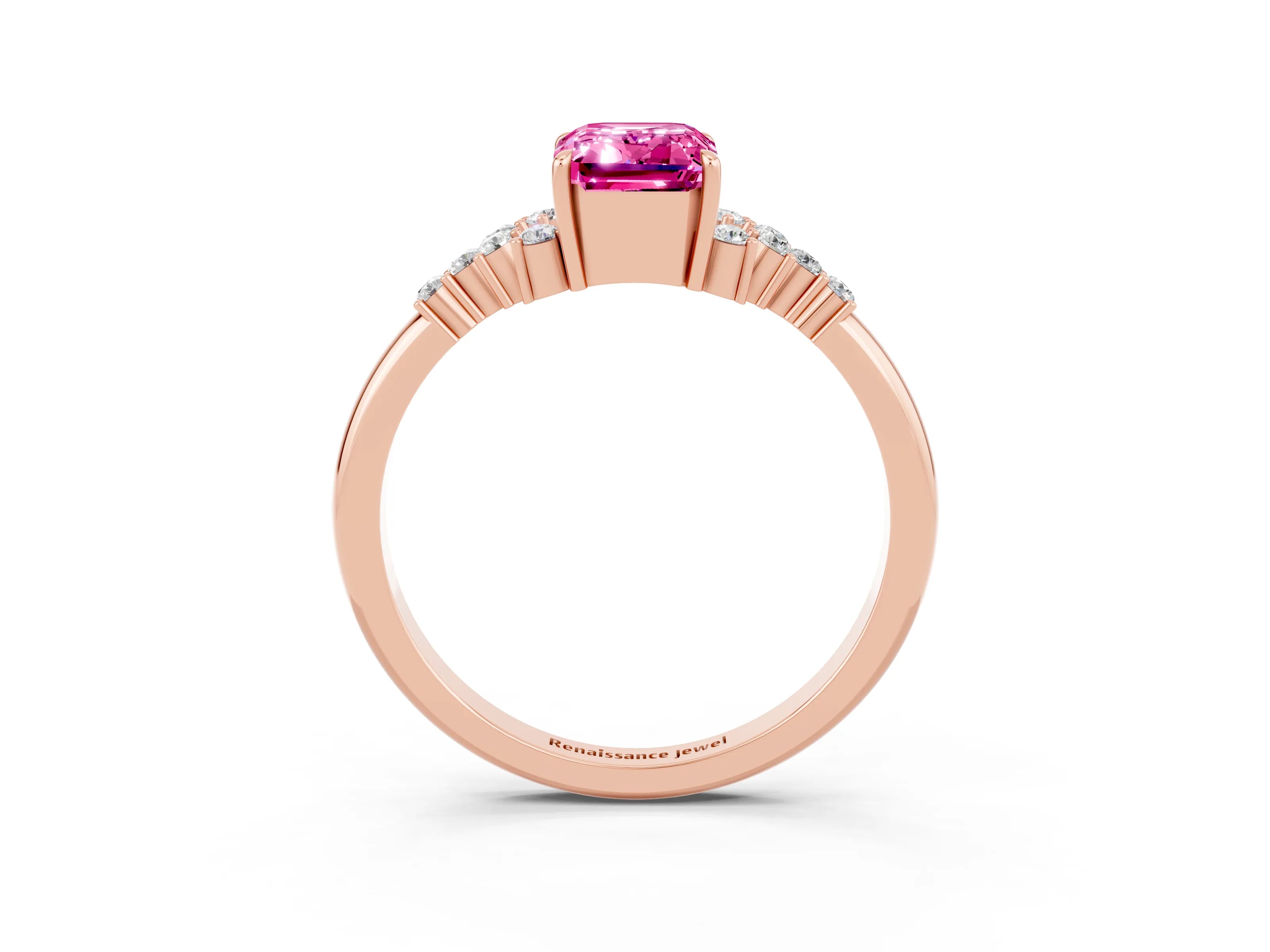 Rose gold Emerald Cut Pink Sapphire Ring with Side Stones and Four-Prong Setting_63
