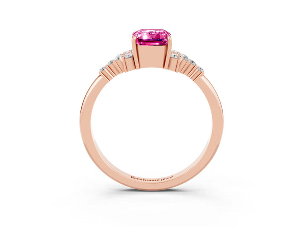 Rose gold Emerald Cut Pink Sapphire Ring with Side Stones and Four-Prong Setting