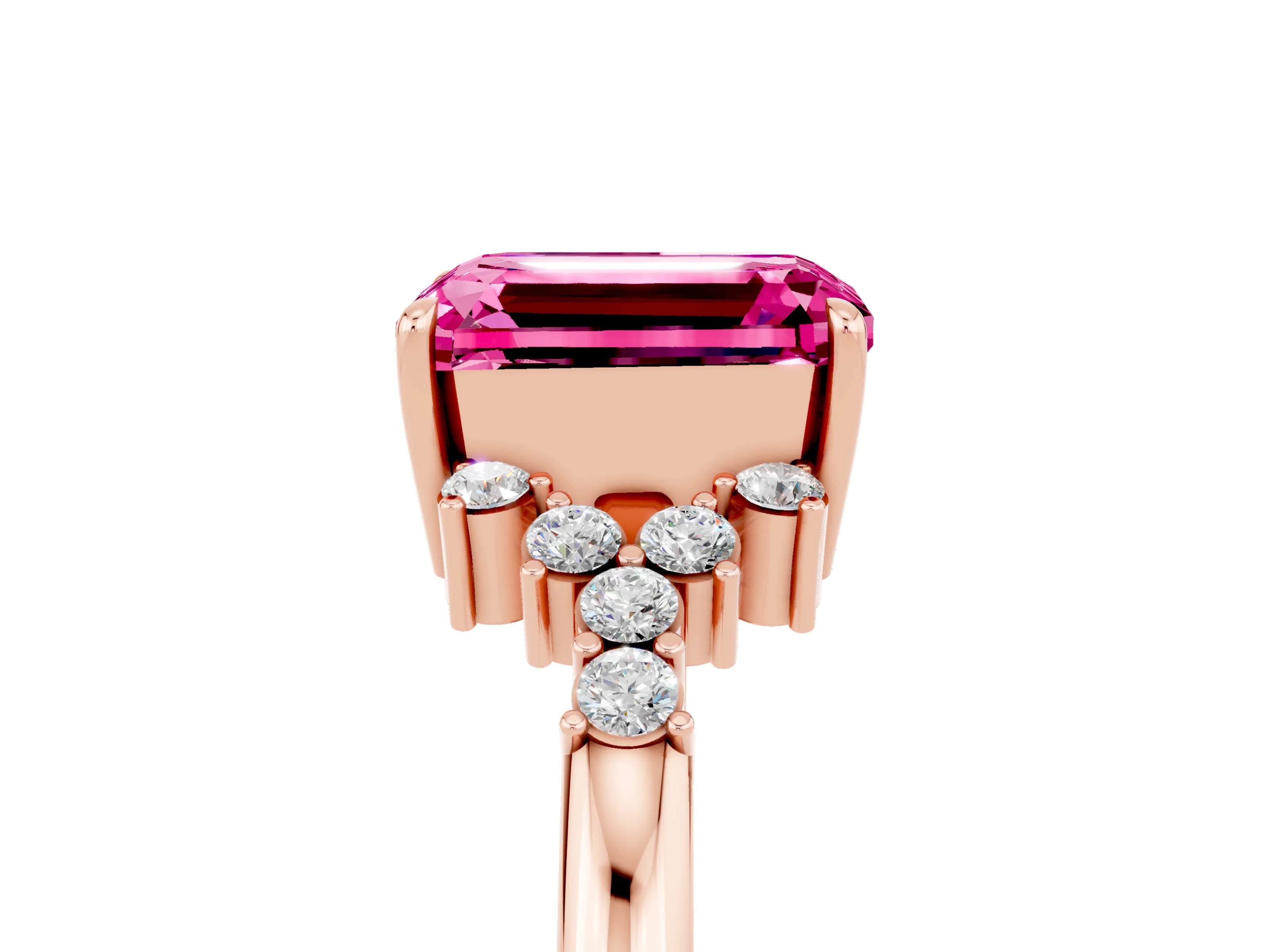 Rose gold Emerald Cut Pink Sapphire Ring with Side Stones and Four-Prong Setting_65