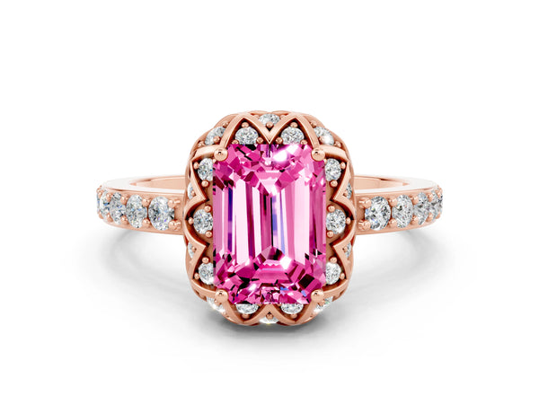 Rose gold Emerald Cut Pink Sapphire Scalloped Halo Engagement Ring with Round Shared Prong Band