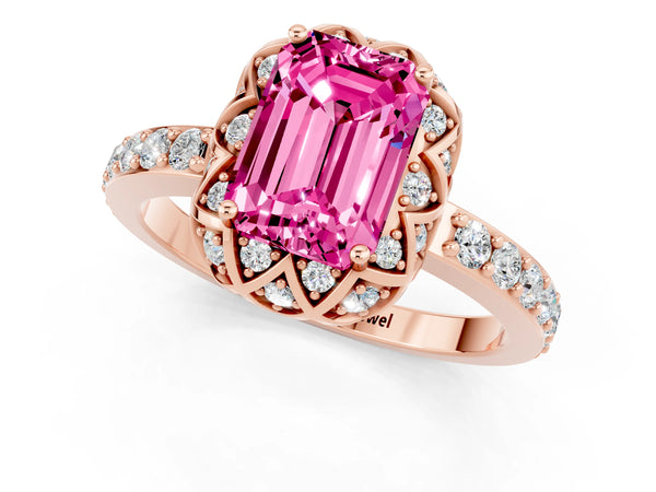 Rose gold Emerald Cut Pink Sapphire Scalloped Halo Engagement Ring with Round Shared Prong Band