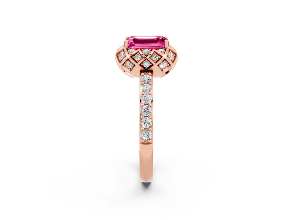 Rose gold Emerald Cut Pink Sapphire Scalloped Halo Engagement Ring with Round Shared Prong Band