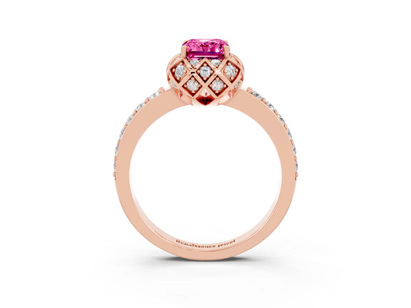 Rose gold Emerald Cut Pink Sapphire Scalloped Halo Engagement Ring with Round Shared Prong Band