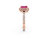 Rose gold Emerald Cut Pink Sapphire Scalloped Halo Engagement Ring with Round Shared Prong Band_26
